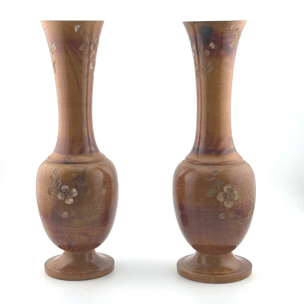 Vintage Pair Hand Turned Wood Bud Vases Carved Floral Metallic Inlay Set of 2